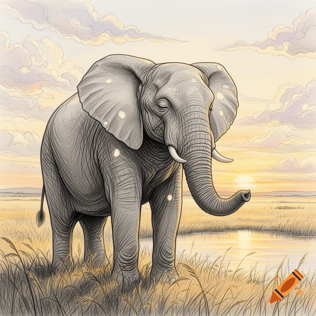 A stylized drawing of an elephant standing in tall grass at sunset, with water reflecting the sky.