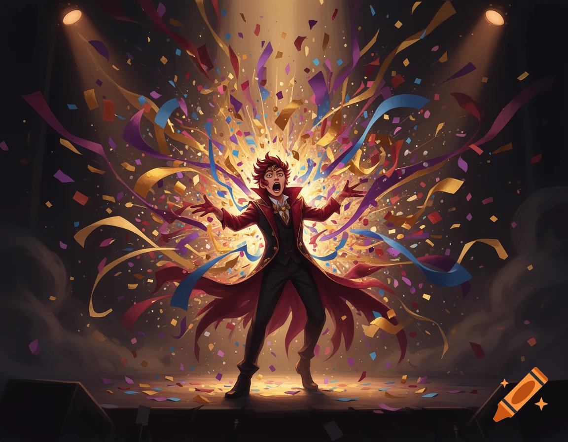 A stylized male character in a red coat on a stage, exploding into colorful confetti and light.