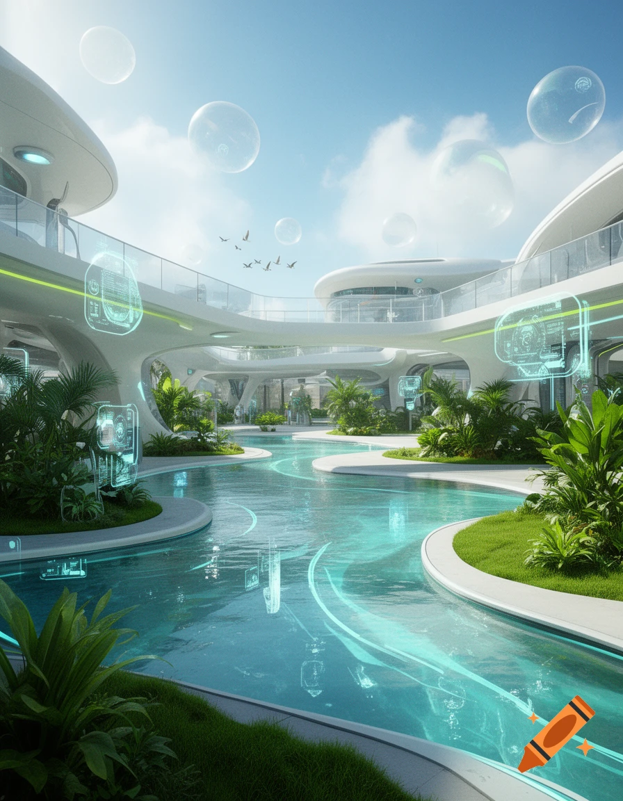 Futuristic white architecture with floating transparent holographic displays, a winding turquoise pool, and lush tropical plants under a sunny sky.