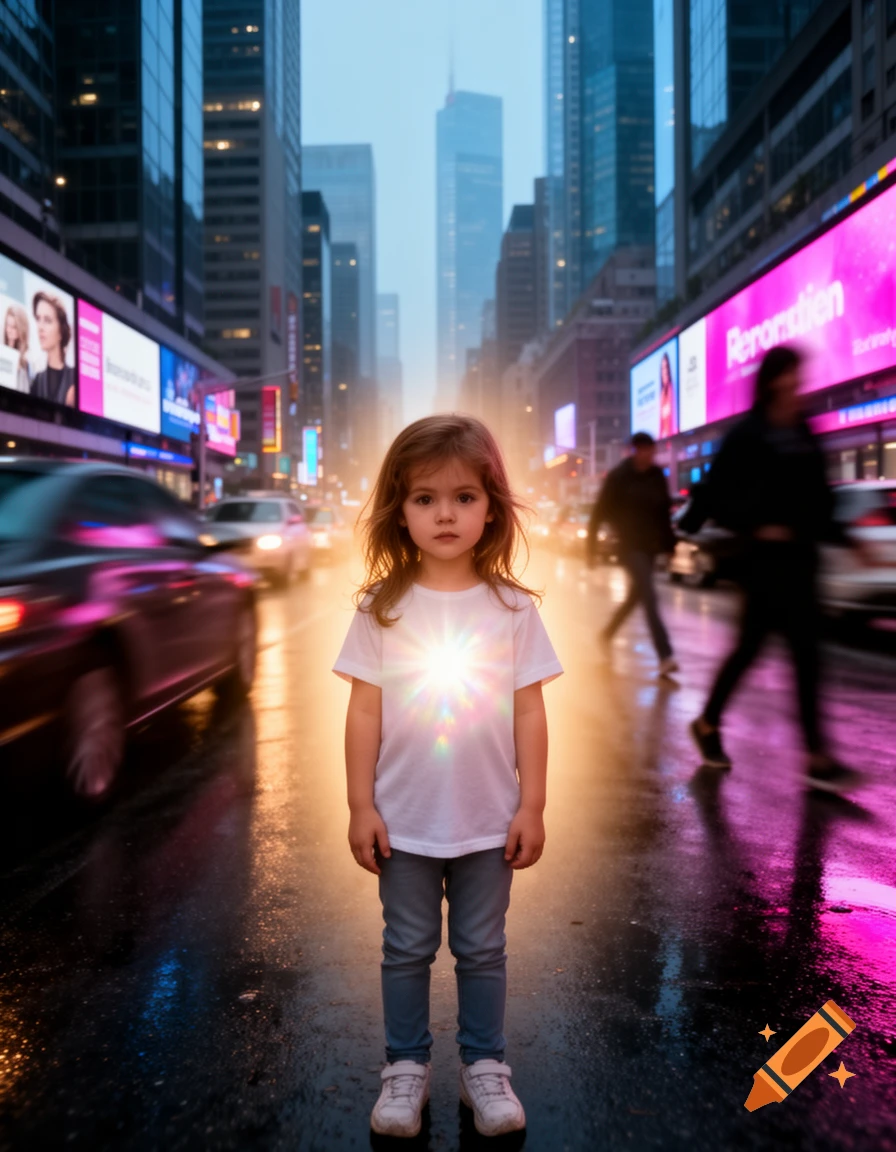 A young child with light radiating from her chest stands in a busy, wet city street at dusk, surrounded by blurred cars and billboards.
