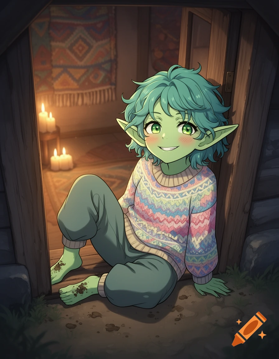 An anime green-skinned goblin character with green hair, wearing a colorful sweater and pants, sitting barefoot by a doorway indoors.