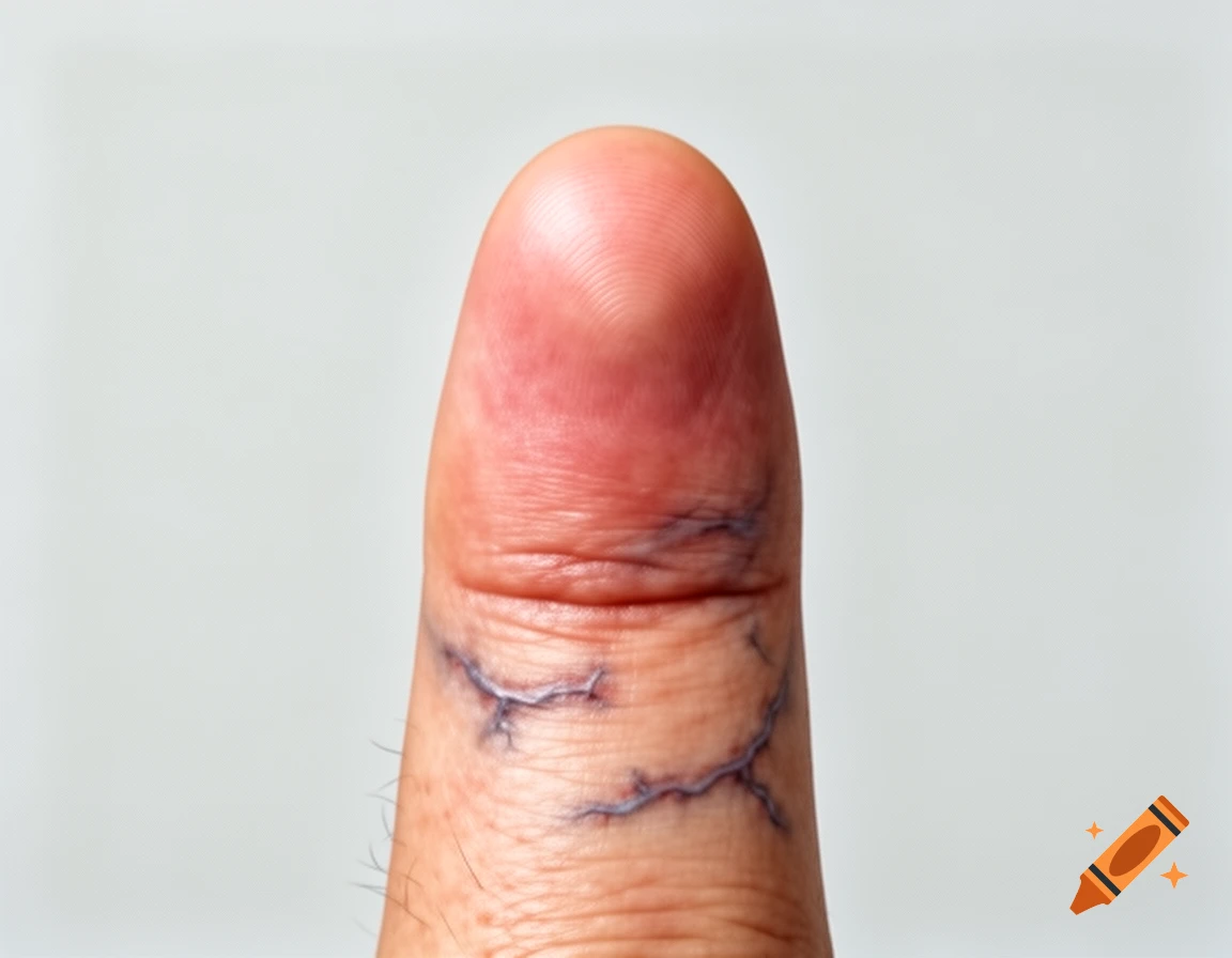 Close-up of a human finger with vein-like patterns, macro style.