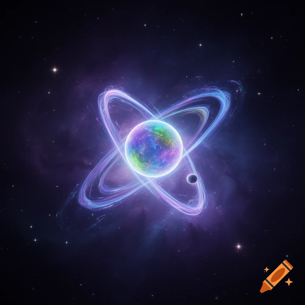 A vibrant, glowing planet or atom with colorful swirling rings and a small moon, set against a dark starry nebula in space.