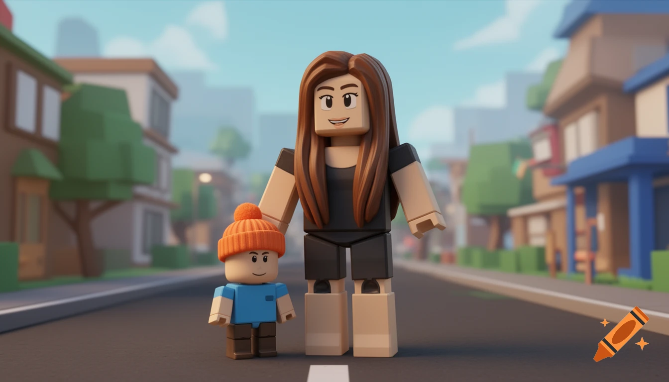 A female Roblox avatar with long brown hair stands next to a small toddler Roblox avatar wearing an orange beanie on a suburban street.