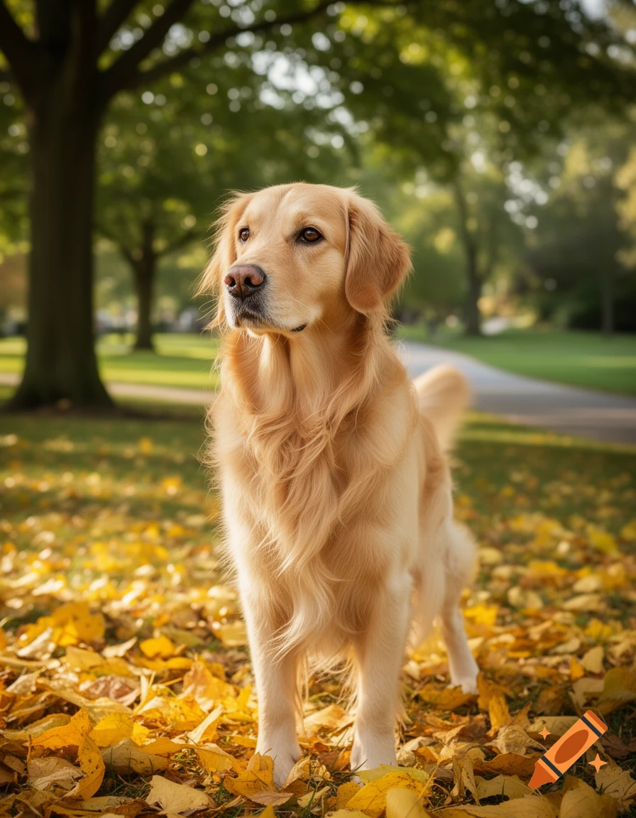A photorealistic Golden Retriever stands in a park covered with yellow autumn leaves, looking to the left with green trees in the background.