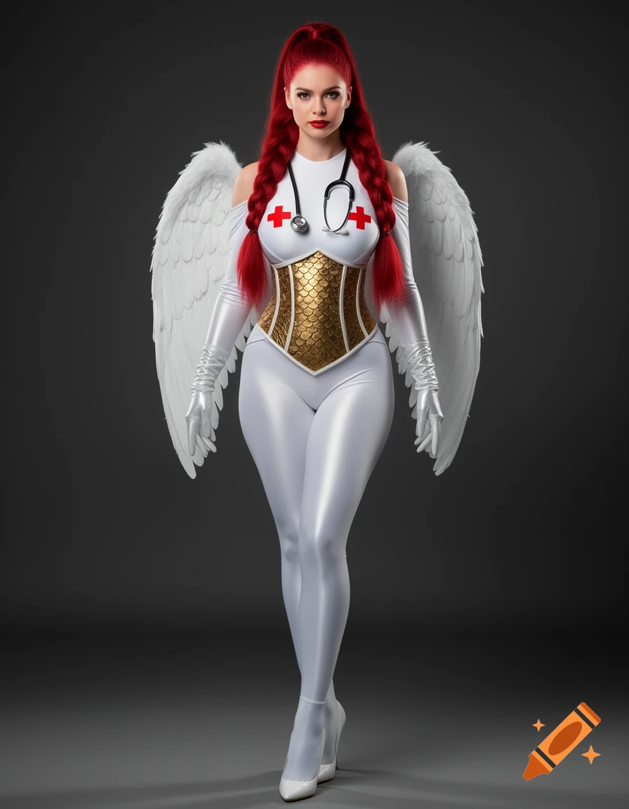 A female superhero with red braided hair, white angel wings, and a white, form-fitting suit with a golden corset and red crosses on her chest.