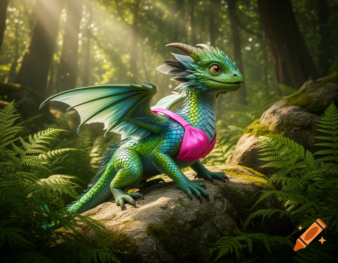 A cute green and blue baby dragon with wings wears a pink bikini top, sitting on a mossy rock in a sunlit forest, photorealistic.