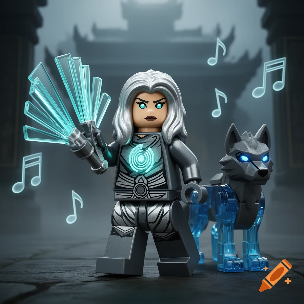 A Lego ninja minifigure with white hair and glowing cyan eyes holds a translucent cyan fan weapon, standing next to a Lego wolf in a misty temple.