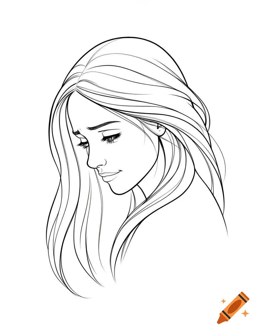 Line art side profile of a woman with long hair, sad eyes, and a slight smile on a white background.