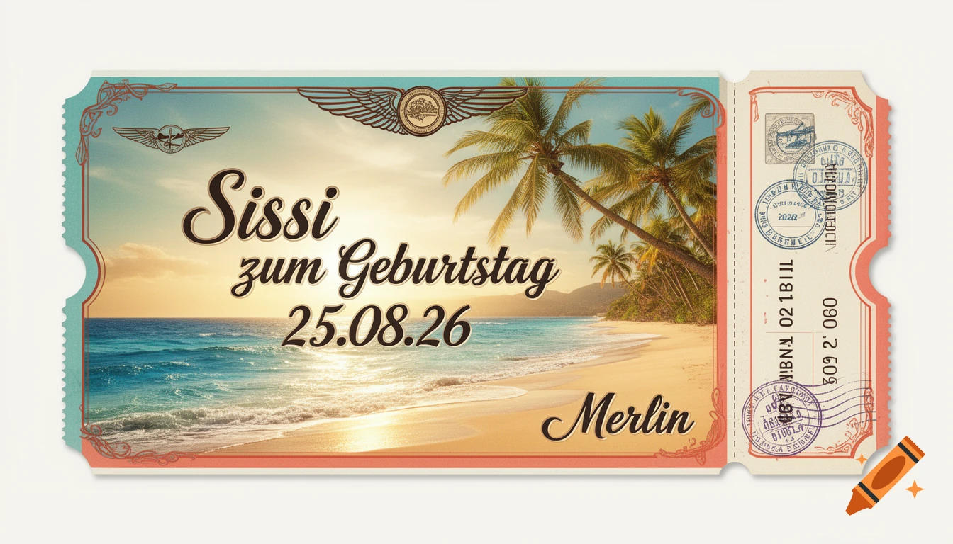 A vintage-style airline ticket voucher for Sissi's birthday, featuring a tropical beach with palm trees and a sunset.