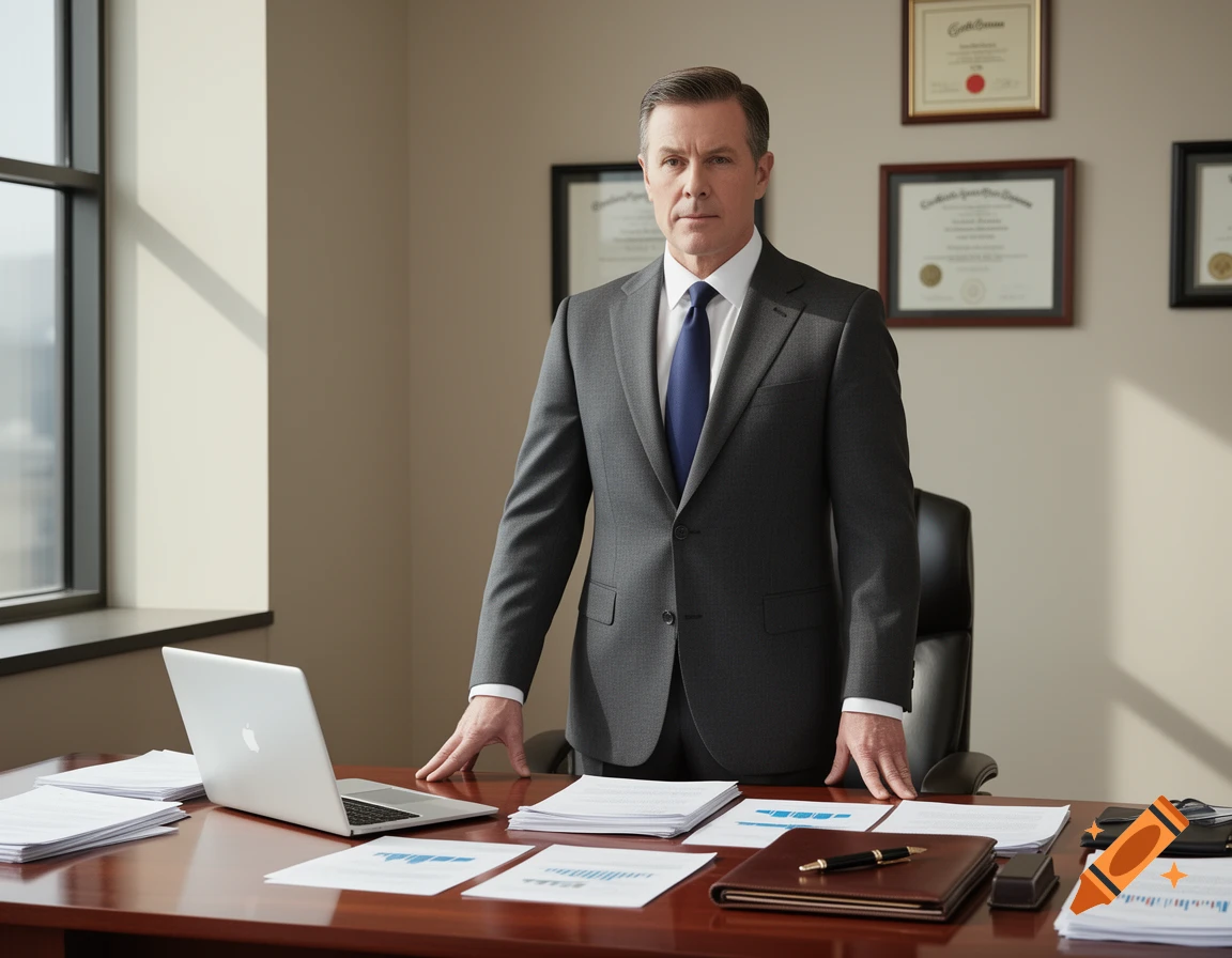 A serious man in a gray suit and blue tie stands in an office with a laptop and papers on a wooden desk.
