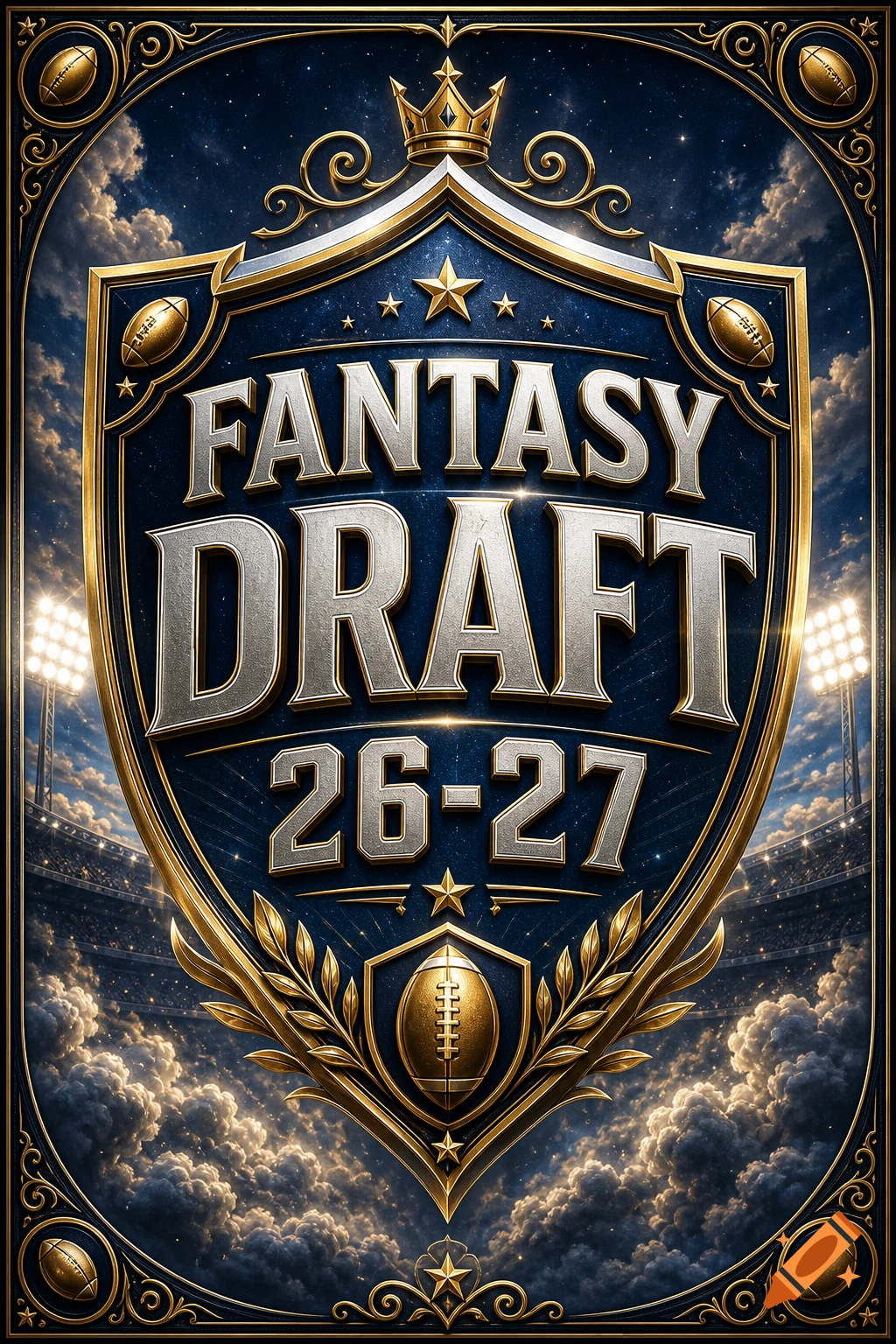 Ornate gold and silver fantasy football draft logo with a crown, footballs, and "FANTASY DRAFT 26-27" text on a starry sky background with a stadium.