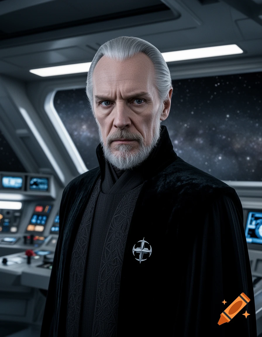 A photorealistic portrait of an older man with grey hair and a beard, wearing a dark cape, in a spaceship cockpit with stars visible outside.