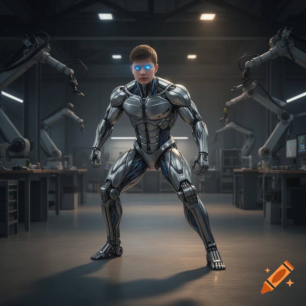 A young boy's head with glowing blue eyes on a muscular silver robot body in a futuristic workshop.