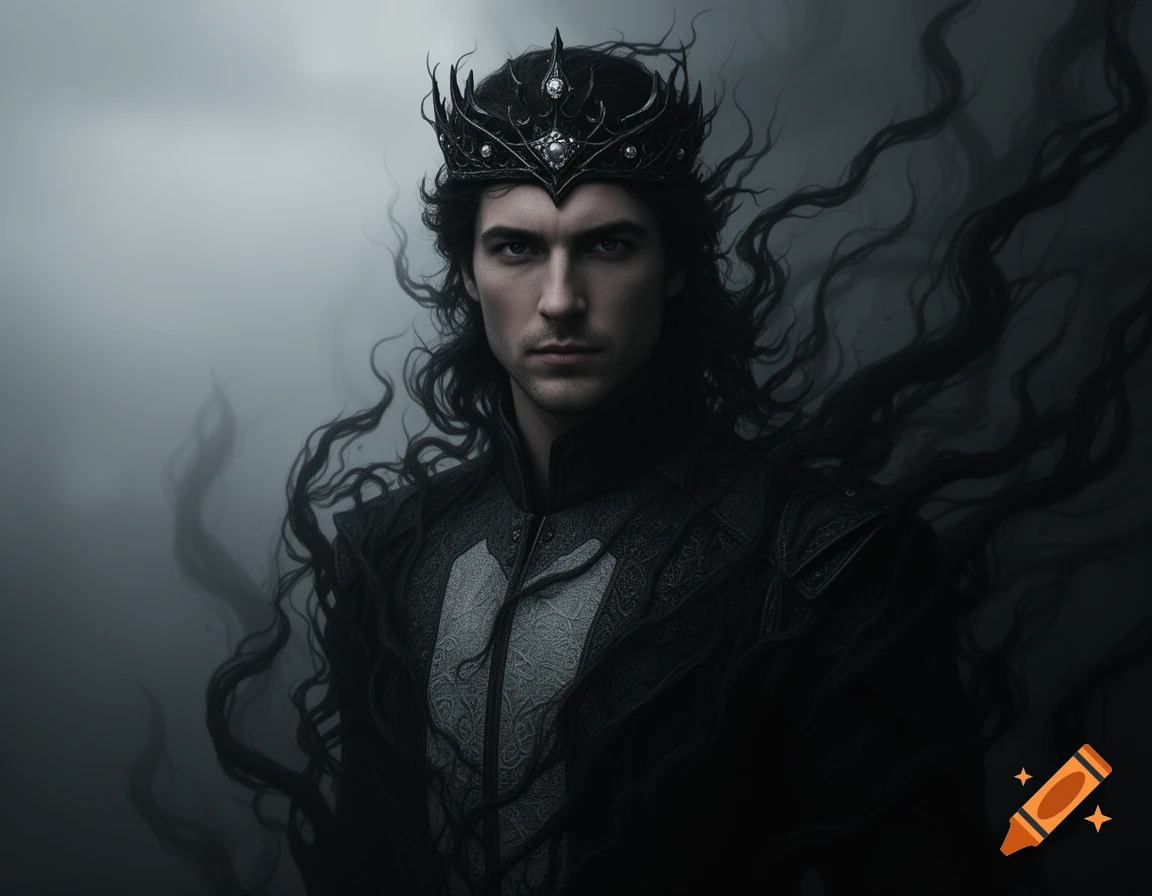 A dark fantasy portrait of a man wearing a black ornate crown and dark patterned jacket, with long dark hair or shadows flowing around him against a misty background.