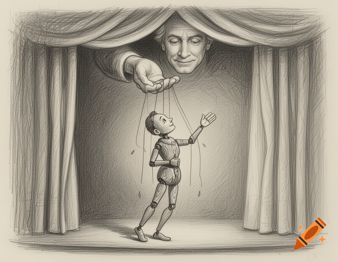 Pencil sketch of a wooden marionette puppet on a stage looking up as a hand from above cuts its strings.