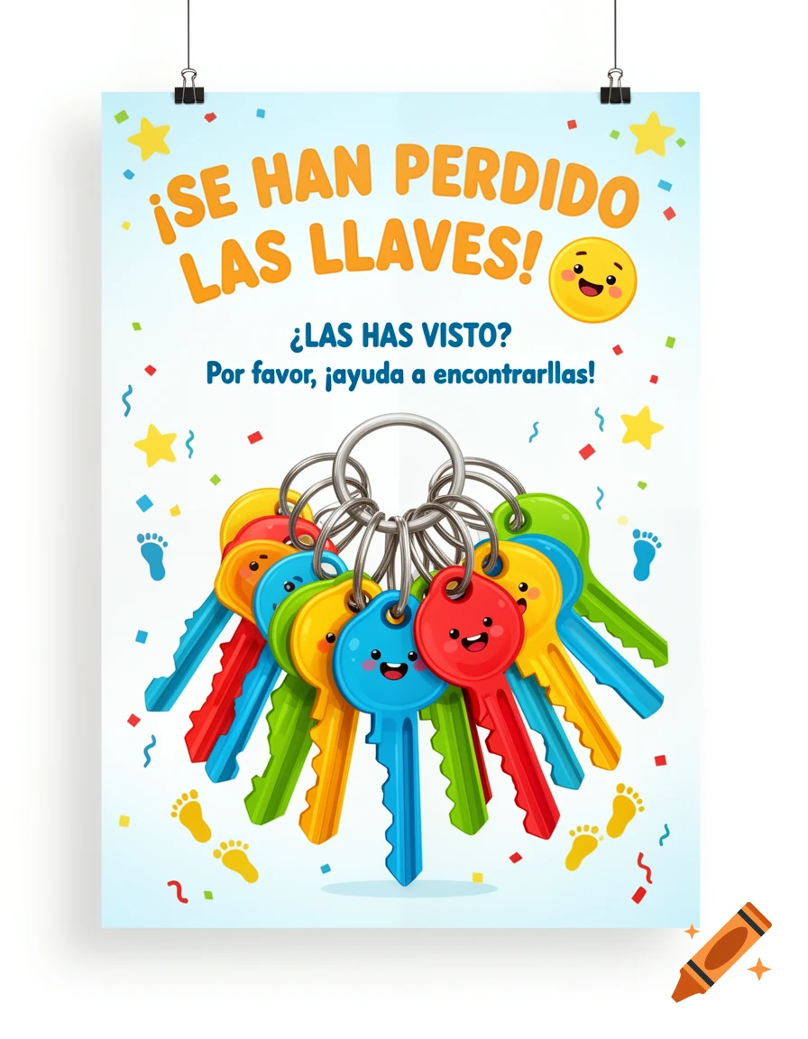 A vibrant children's poster shows a bunch of smiling, colorful keys, surrounded by stars and confetti, with text asking for help finding the lost keys.