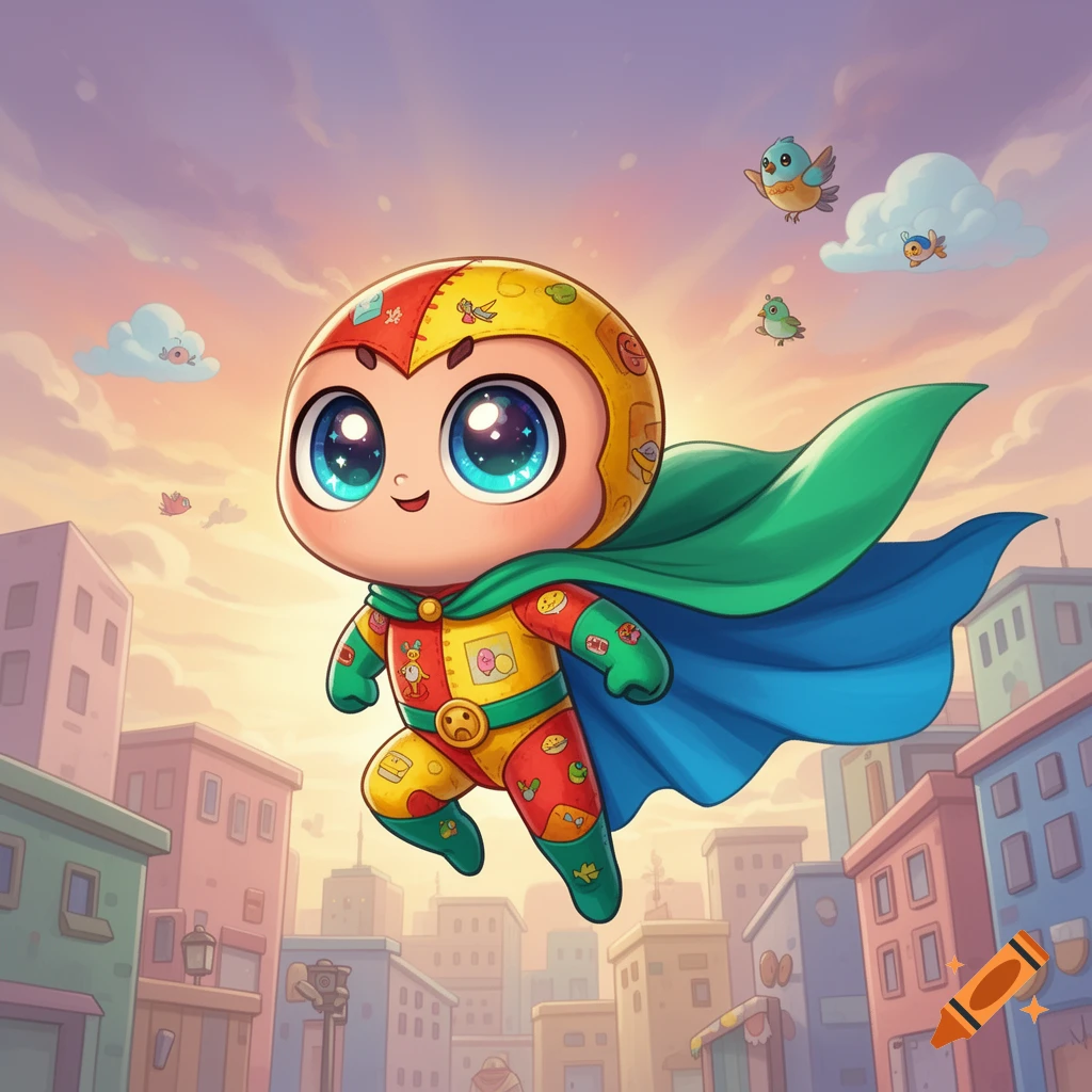 A cute, big-eyed cartoon superhero in a red and yellow suit with a green and blue cape flies over a city at sunset.