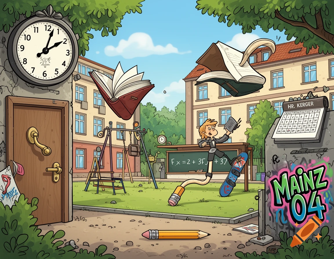 A colorful cartoon schoolyard scene filled with deliberately placed visual errors, including a clock with 13 hours and a calendar showing a 32nd day.