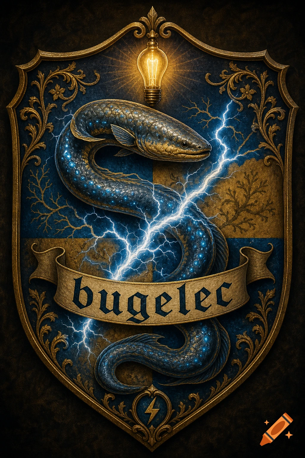 A medieval coat of arms featuring an electric eel wrapped around a lightning bolt, a lightbulb, and the name "bugelec".