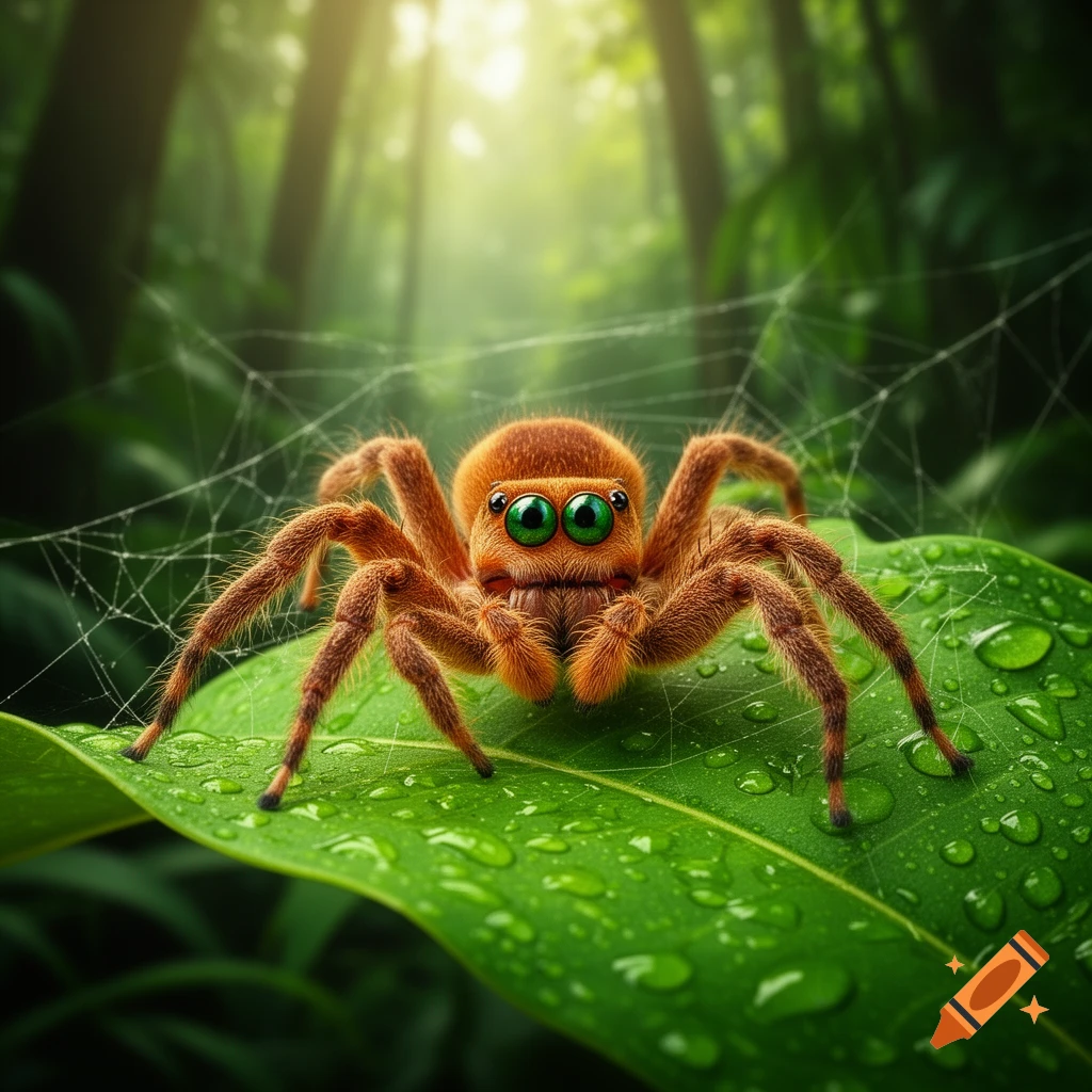 A cute, fuzzy brown spider with large green eyes sits on a dew-covered green leaf in a vibrant, sunlit jungle.