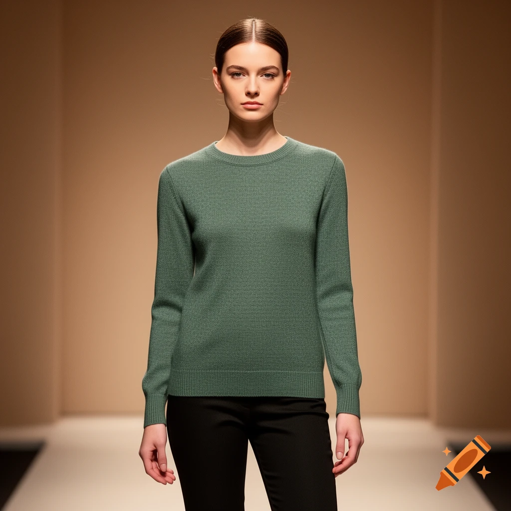 A photorealistic image of a female model wearing a green crewneck sweater and black pants, posing on a fashion runway with a brown background.