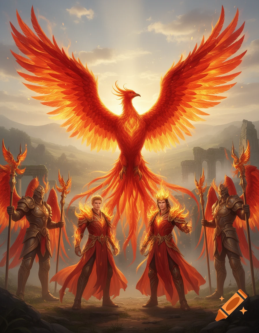 A large fiery phoenix oversees two flame-clad princes and two armored, winged guards amidst ancient ruins under a radiant sky.