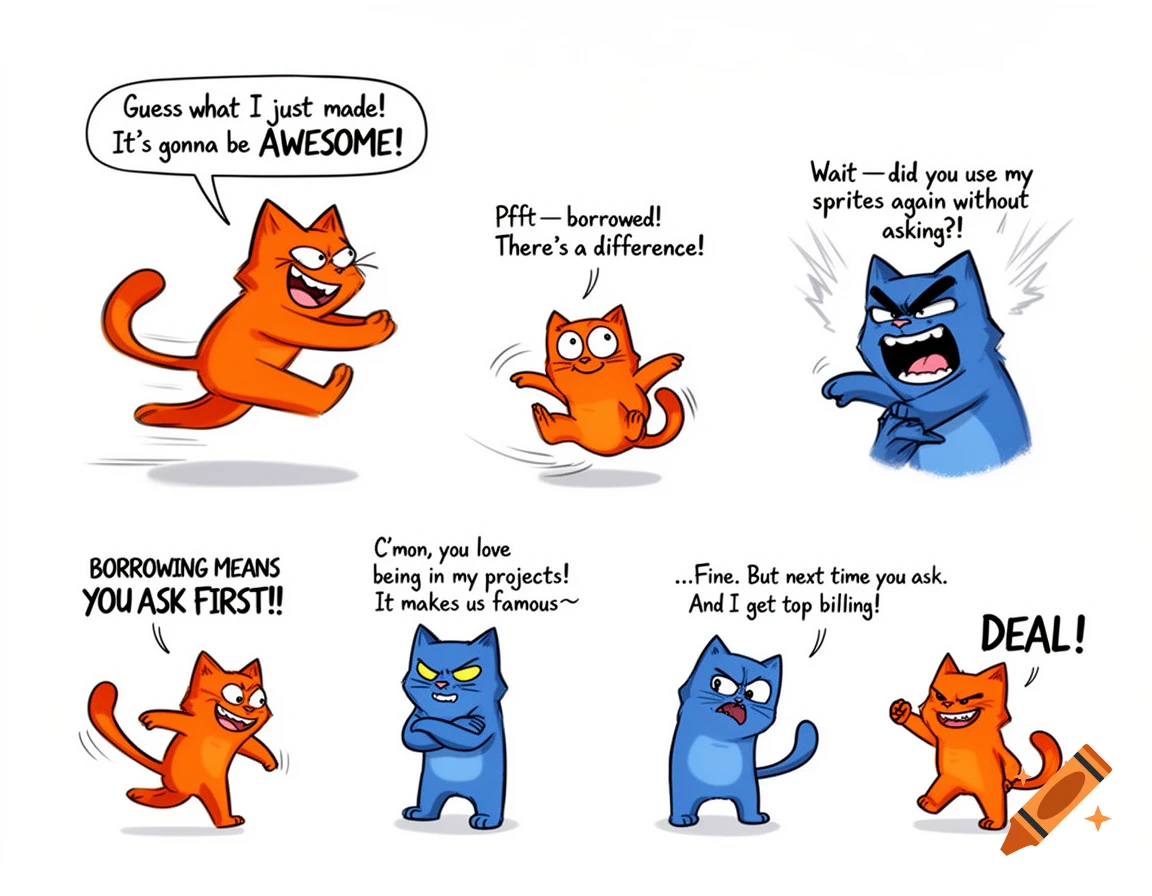 A six-panel cartoon comic strip showing an orange cat and a blue cat arguing and reconciling about borrowing game sprites.