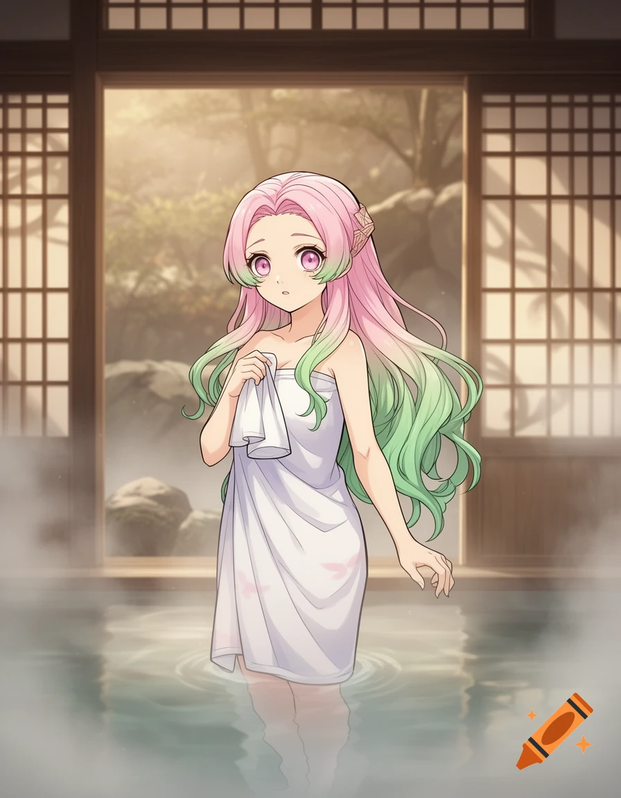 An anime girl with long pink and green hair, wrapped in a white towel, stands in a steamy bathhouse.