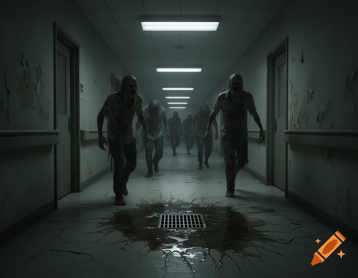 Zombies shambling down a dark, dilapidated hospital hallway with a leaky drain creating a puddle on the floor.