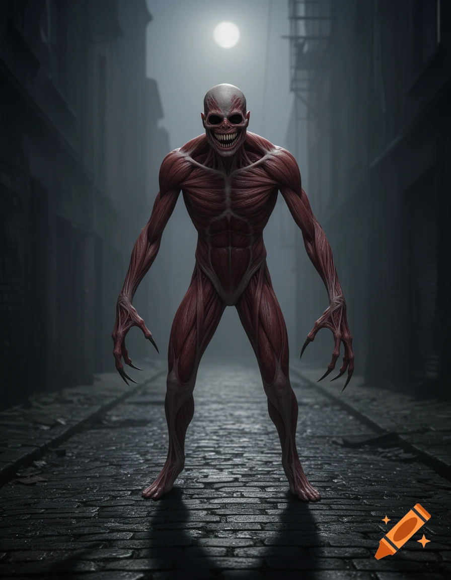 A tall, sinewy, red humanoid monster with a creepy smile and long claws stands in a dark alley under a full moon.