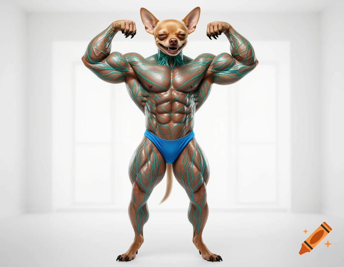 A hyper-realistic, muscular chihuahua bodybuilder with turquoise veins and a blue thong flexes in a white room.