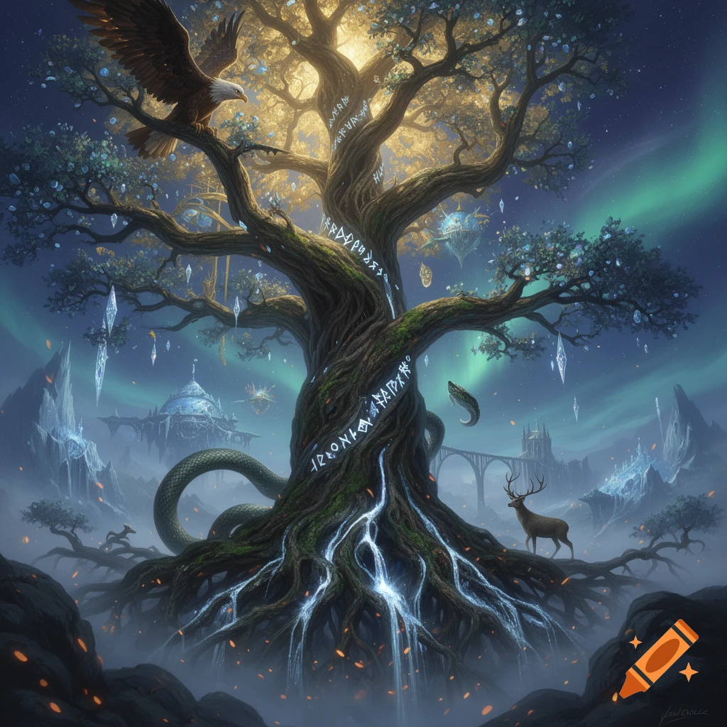 Digital painting of Yggdrasil, the Norse world tree, glowing with runes on its trunk, an eagle on top, a serpent below, and a deer nearby.