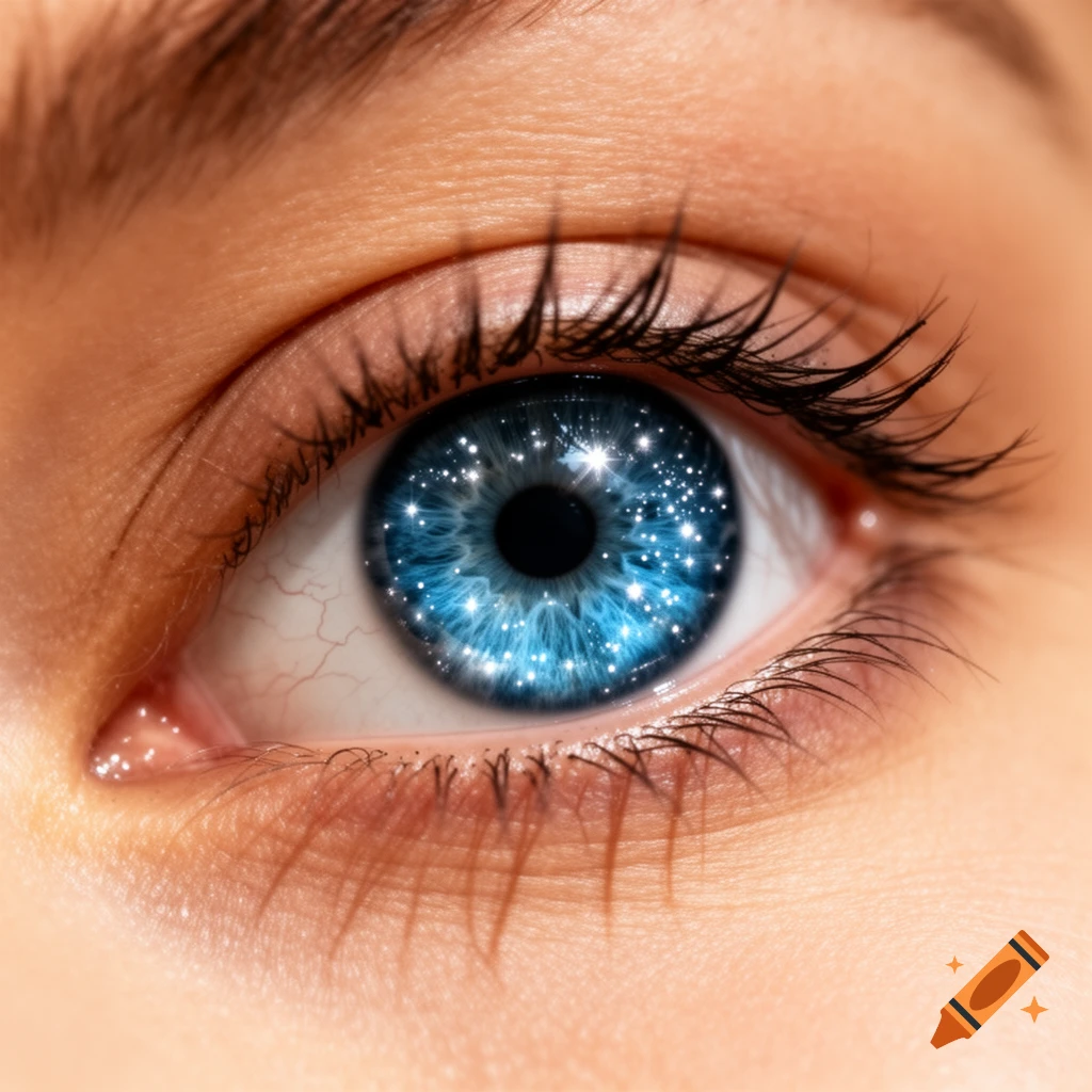 Close-up of a detailed human eye with a sparkling blue iris resembling a starry night sky.