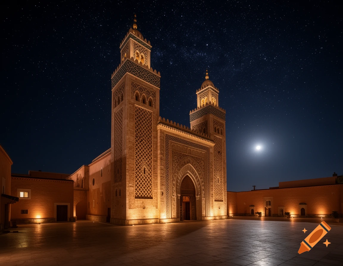A large, ornate Berber-style mosque is illuminated at night under a clear, starry sky with a bright moon.