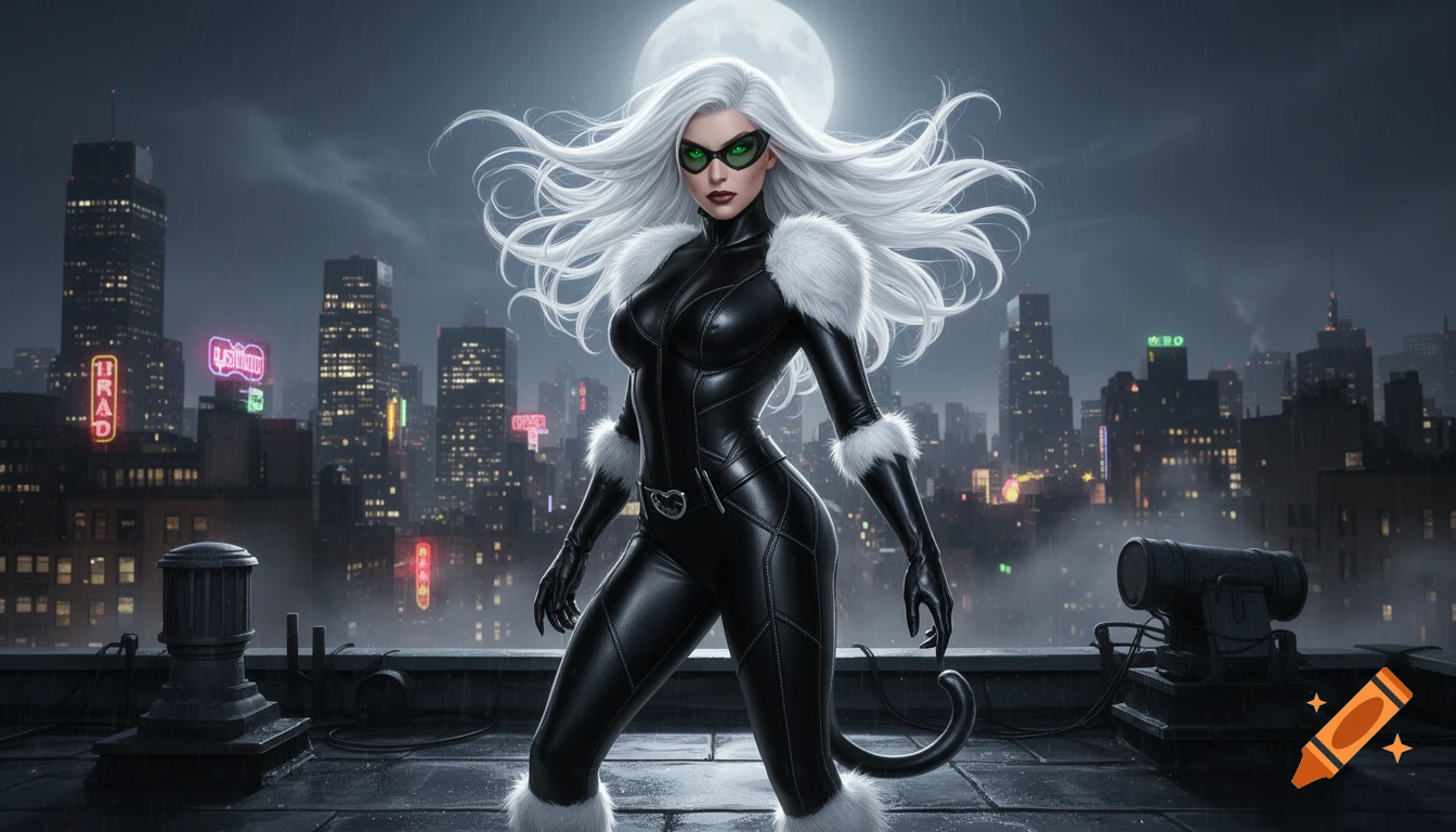 Black Cat from Marvel standing on a rooftop at night with white hair and a black leather suit, realistic comic-book style.