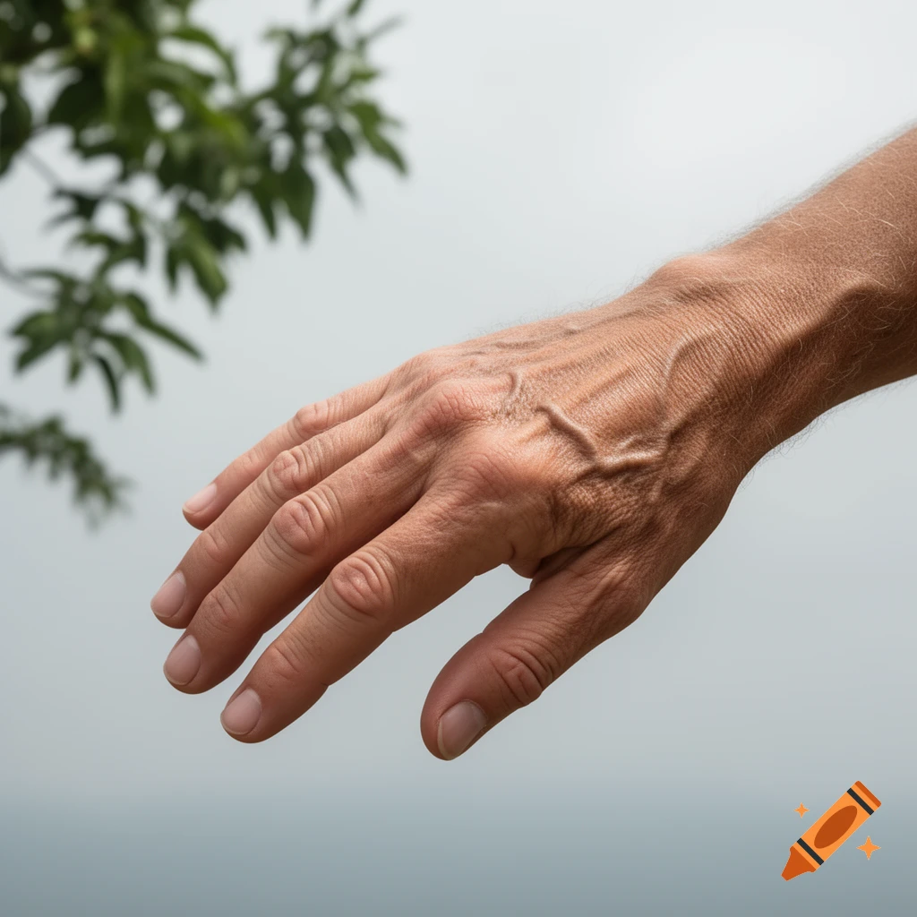 The back of a man's hand, with prominent veins, reaches into the frame from the right, set against a blurry light sky and green leaves.