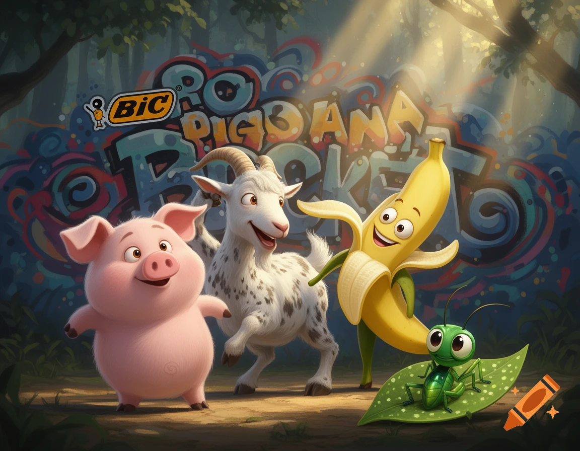 A cartoon pig, goat, smiling banana, and cricket on a leaf stand in a forest clearing with colorful graffiti and a Bic logo in the background.