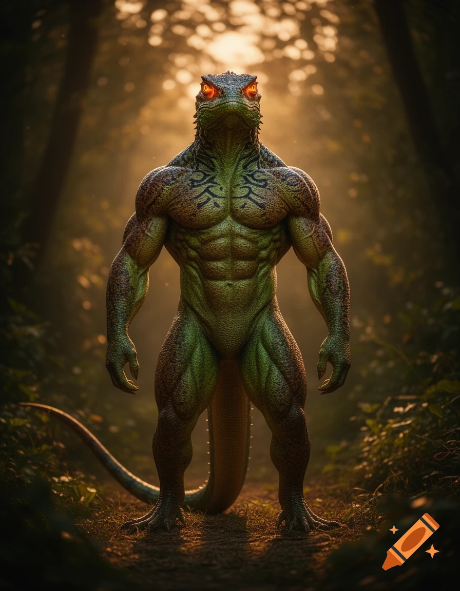 A muscular, green-skinned lizard-man with glowing orange eyes stands in a mystical, sun-dappled forest.