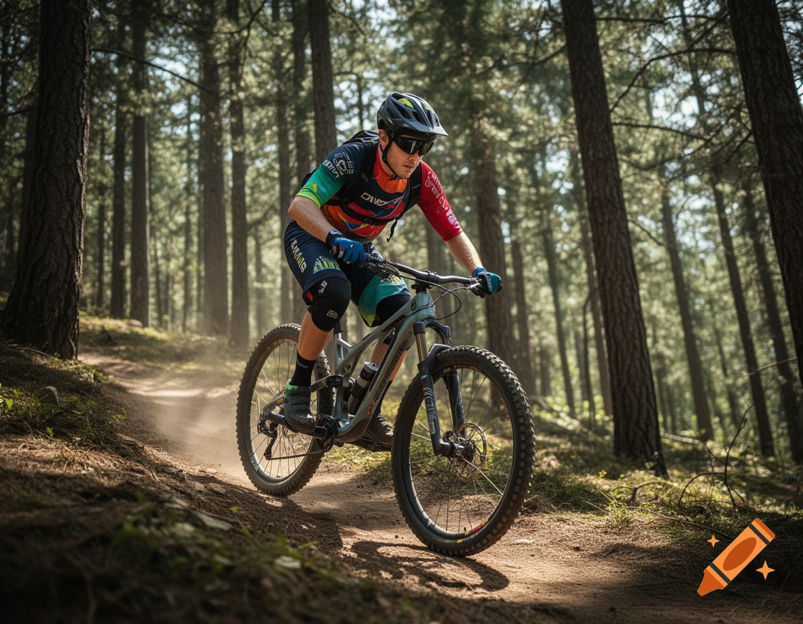 A man in colorful sports gear rides a mountain bike on a dirt trail through a sun-dappled forest.