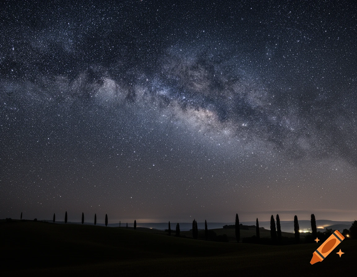 A photorealistic image of the Milky Way stretching across a dark night sky over a silhouetted landscape with tall, thin trees.
