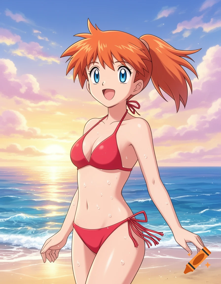Anime character Misty from Pokémon smiles, posing in a red bikini on a sunset beach.