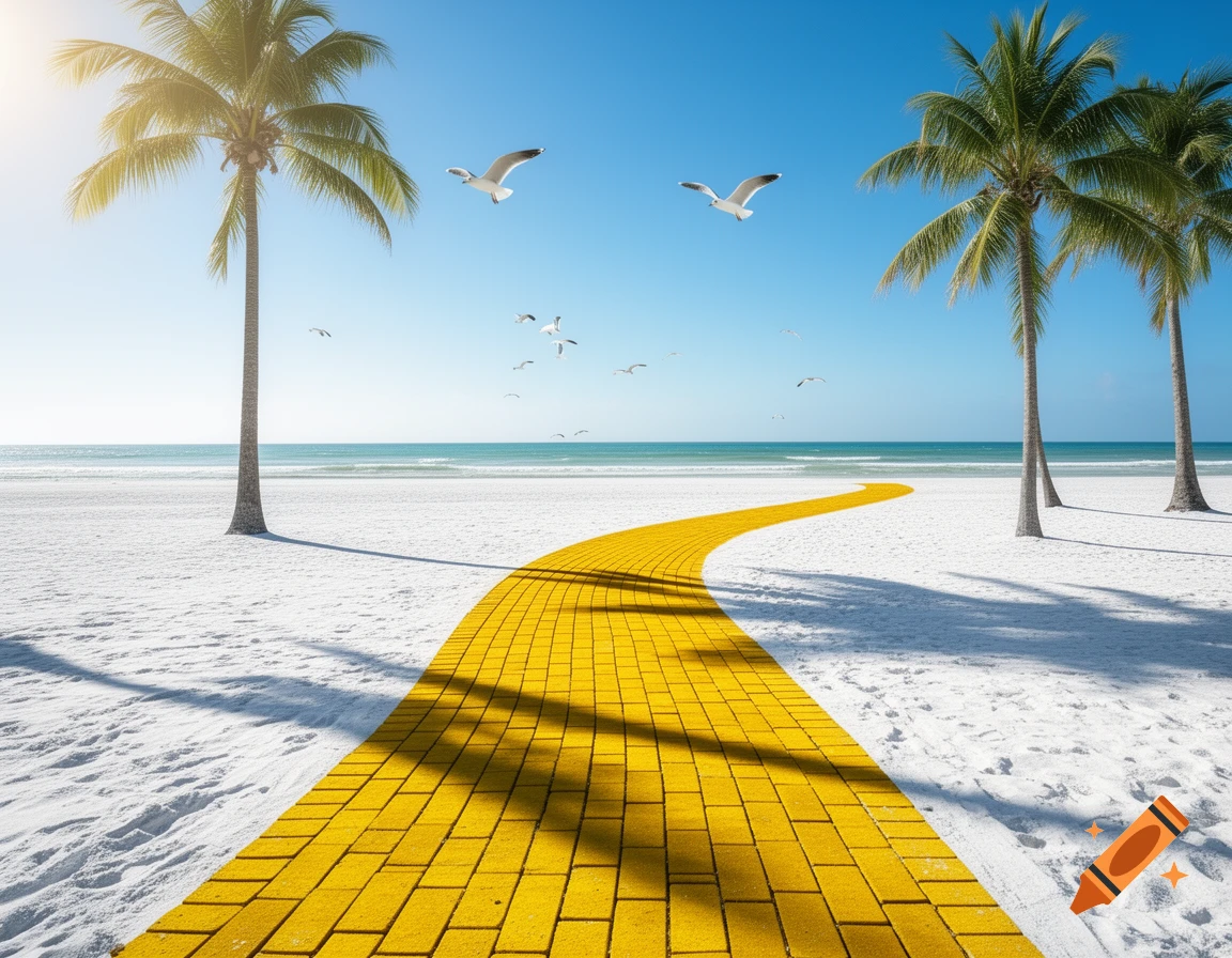 A bright yellow brick road curves across a pristine white sand beach towards the ocean under a clear blue sky, flanked by palm trees and flying seagulls.
