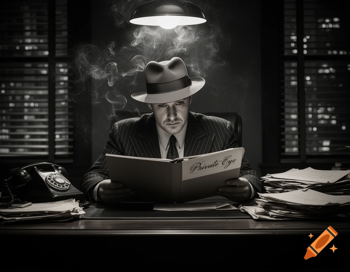 Black and white photorealistic image of a fedora-wearing private eye reading a book at a desk in a smoky office at night.