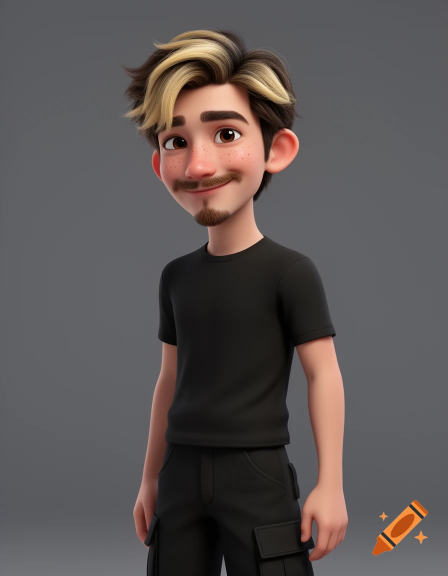 A 3D animated young man with dark hair, blonde streaks, freckles, goatee, black t-shirt and cargo pants, smiling subtly.