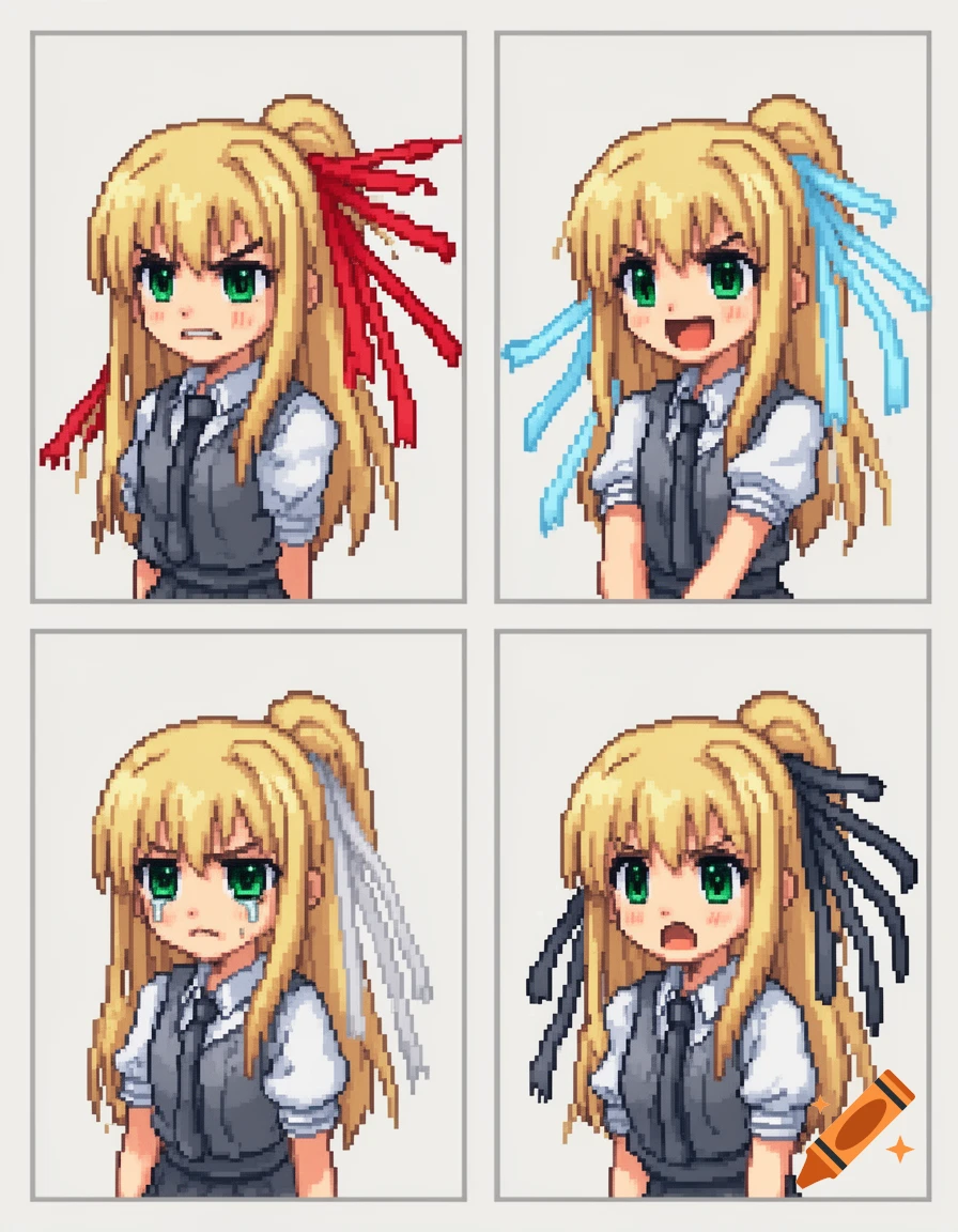 Four pixel art anime style character portraits showing different emotions and colored hair ribbons.