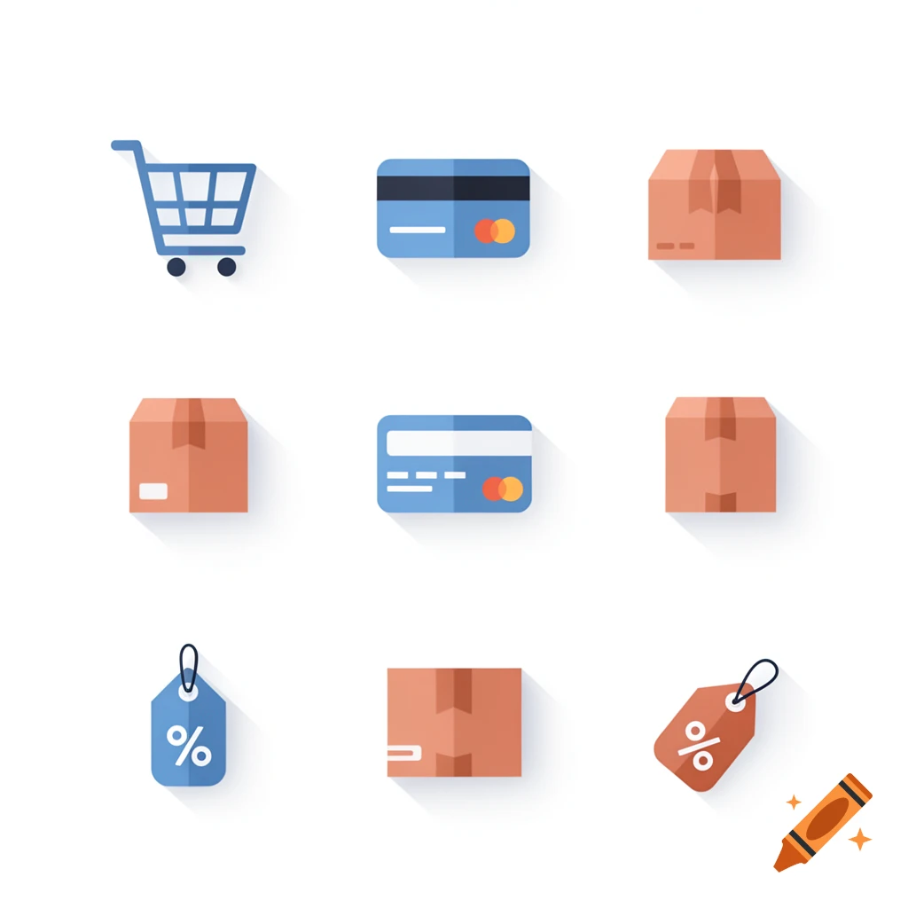 Flat design e-commerce icons including a shopping cart, credit cards, packages, and percentage price tags on a white background.