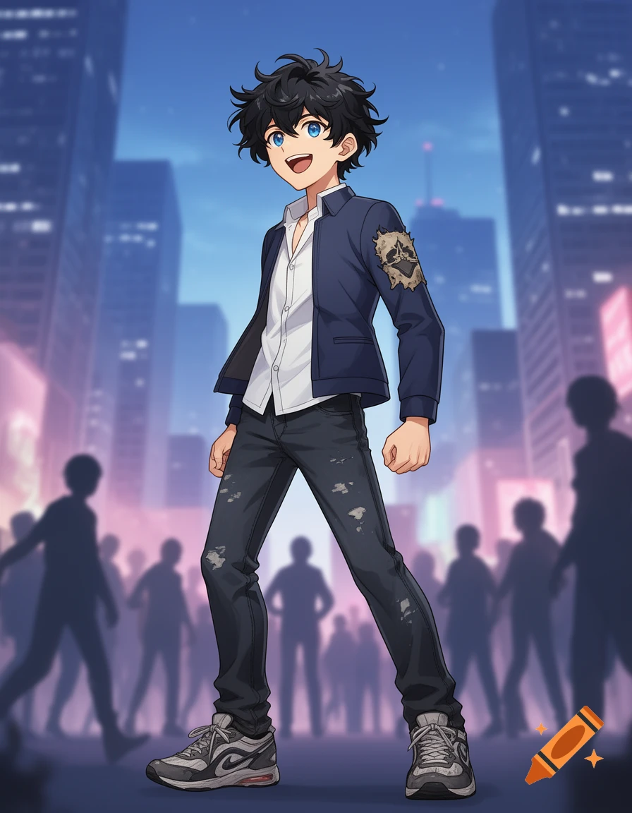 Smiling anime boy with black messy hair, blue eyes, wearing a dark blue jacket, ripped jeans, and sneakers in a city street.