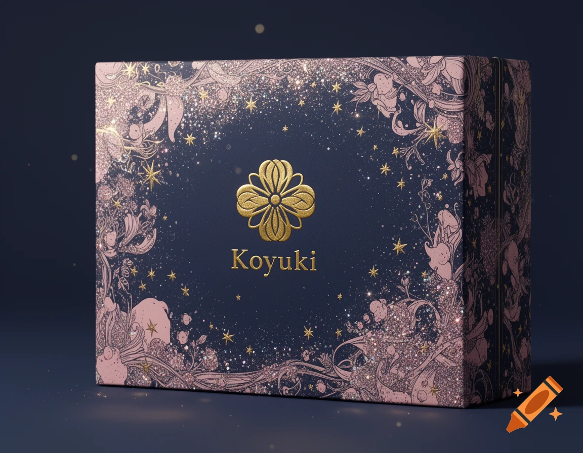 Luxurious vintage-modern 'Koyuki' packaging box with a golden flower logo, sparkling glitter, and intricate floral illustrations.