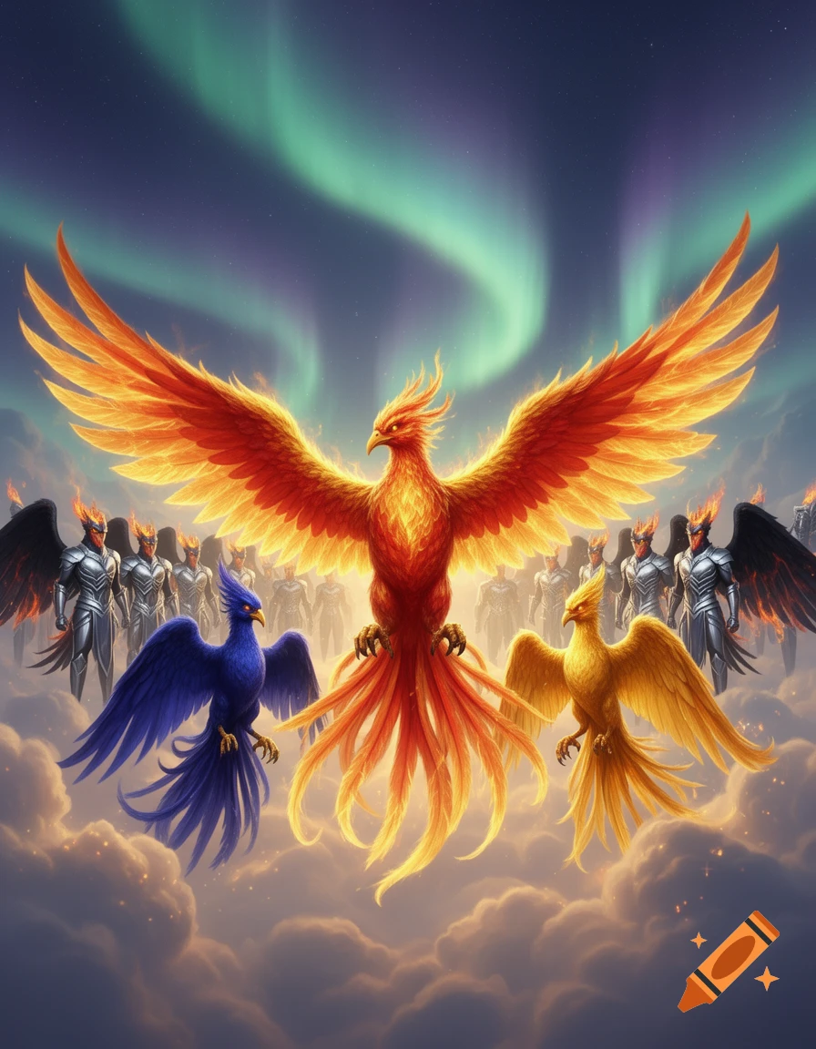 A large fiery phoenix, a blue phoenix, and a golden phoenix stand on clouds with an army of winged armored figures under an aurora sky.